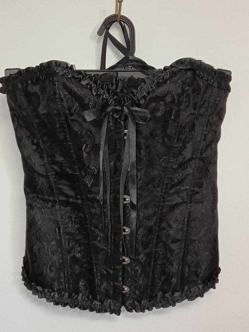 Black Satin Floral Lace Up Ruffle Bustier Corset Lingerie Victorian Burlesque L